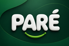 PARÉ — lettres blanches sur fond vert avec un sourire vert